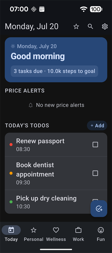 The Today dashboard, showing the day's tasks and weather