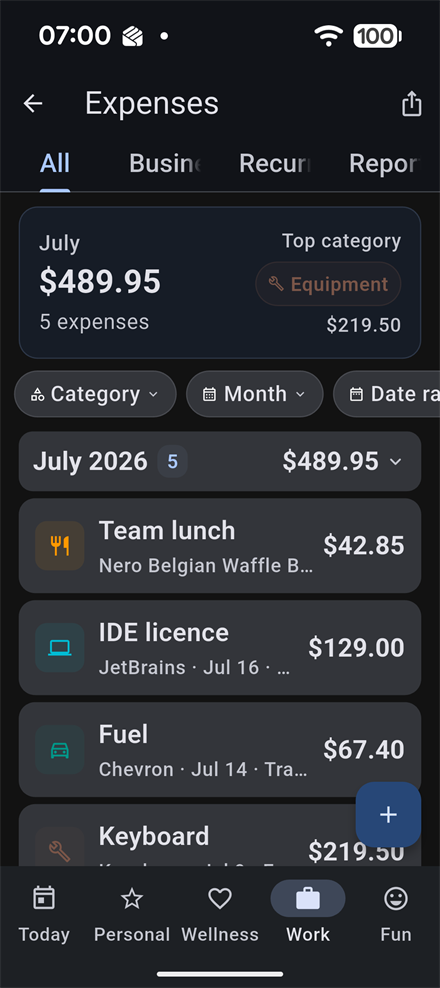 An expense list grouped by month with category totals