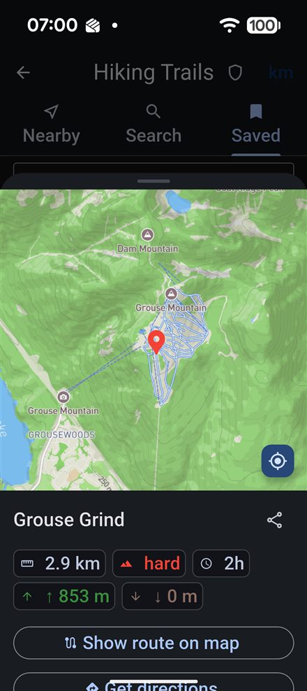 A hiking trail shown on an offline map with distance and elevation